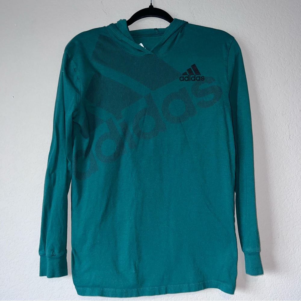 Adidas T-shirt with long sleeves and a hood, green, size L 14/16